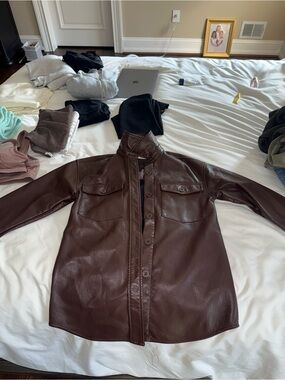 Brown Leather Button-Up Jacket